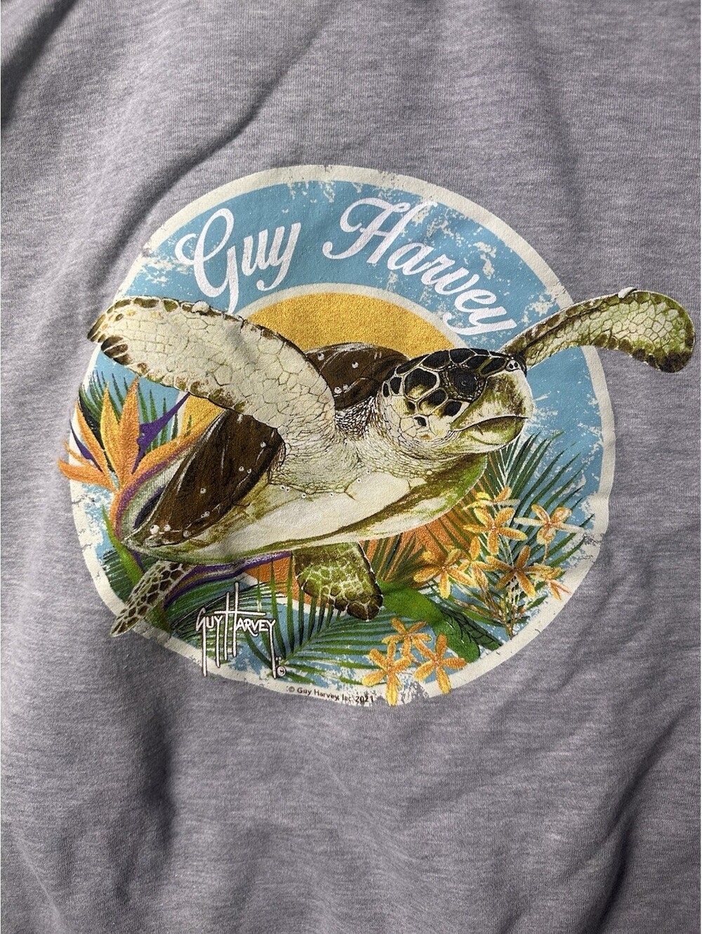 Guy Harvey Sea Turtle Hoodie Gray Tropical Graphic Pullover Sweatshirt 2011 XL